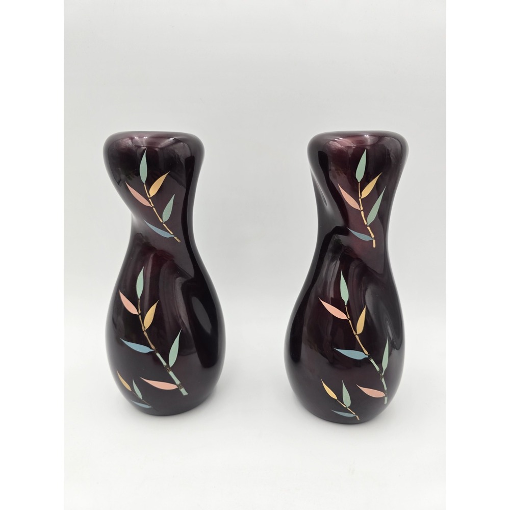 Vintage Royal Maruni Vase Pair Burgundy MCM MultiColor Bamboo Leaf #203 Set Of 2